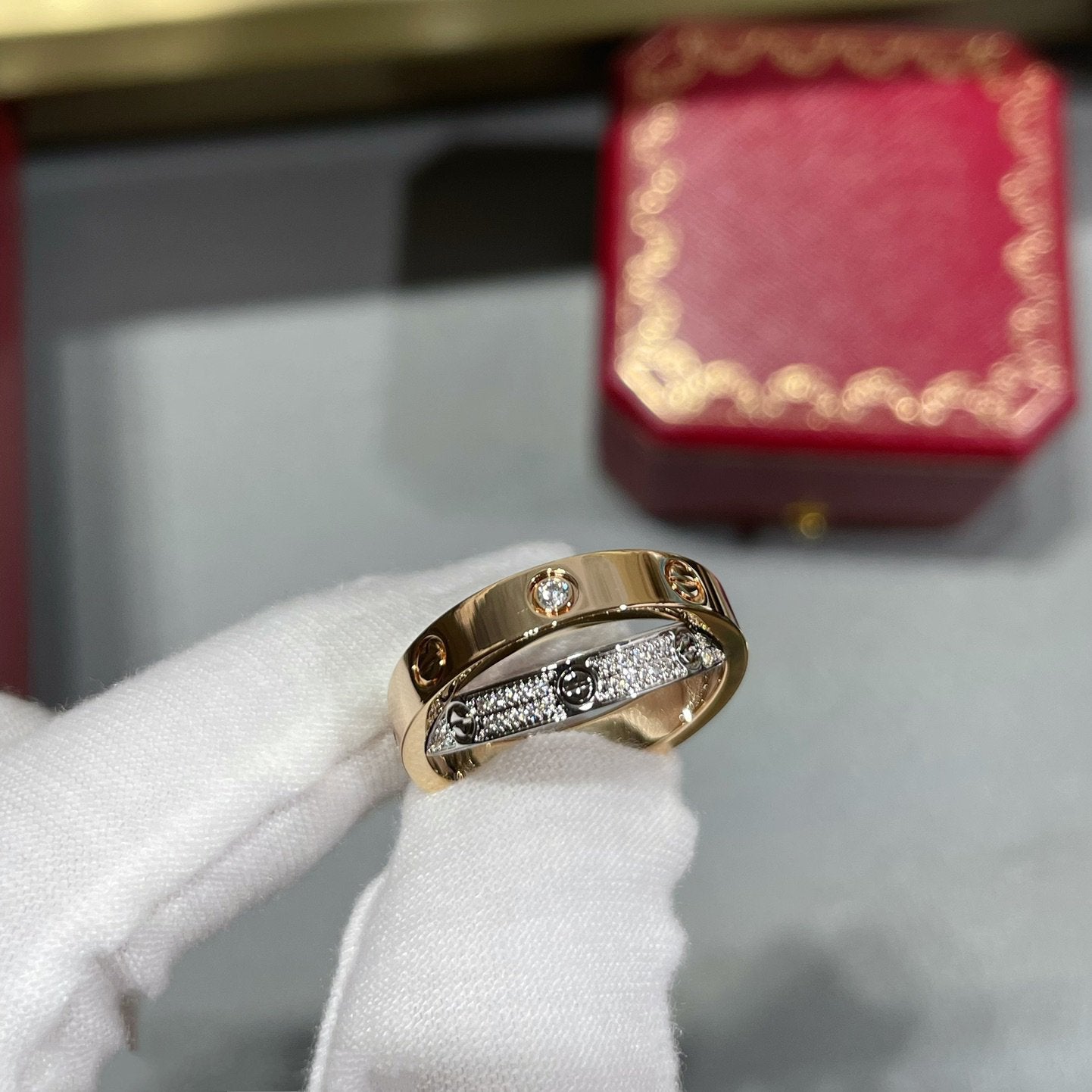 [⭐JeweliWhal]LOVE PINK GOLD SILVER DIAMOND DOUBLE RING