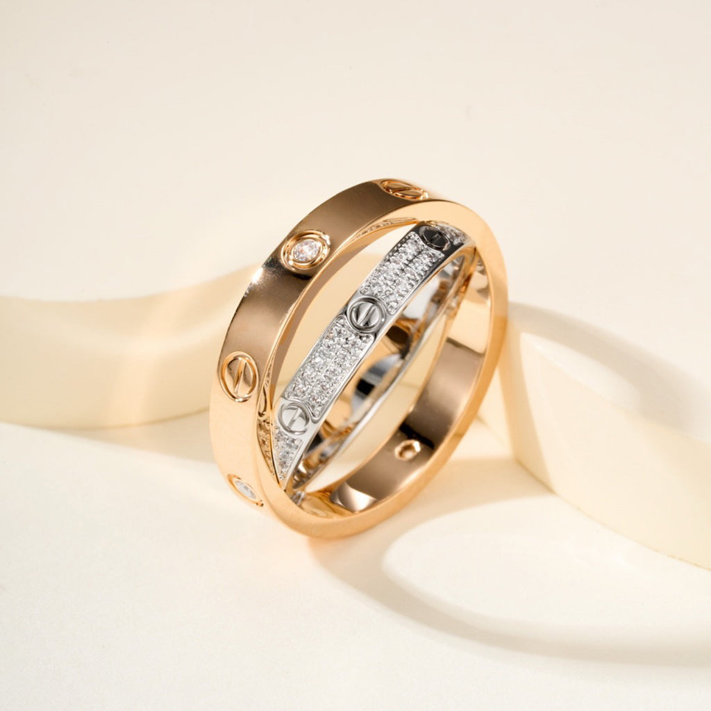 [⭐JeweliWhal]LOVE PINK GOLD SILVER DIAMOND DOUBLE RING