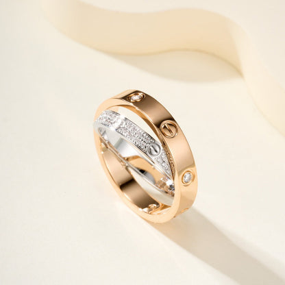 [⭐JeweliWhal]LOVE PINK GOLD SILVER DIAMOND DOUBLE RING