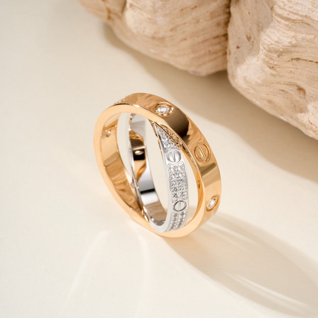 [⭐JeweliWhal]LOVE PINK GOLD SILVER DIAMOND DOUBLE RING