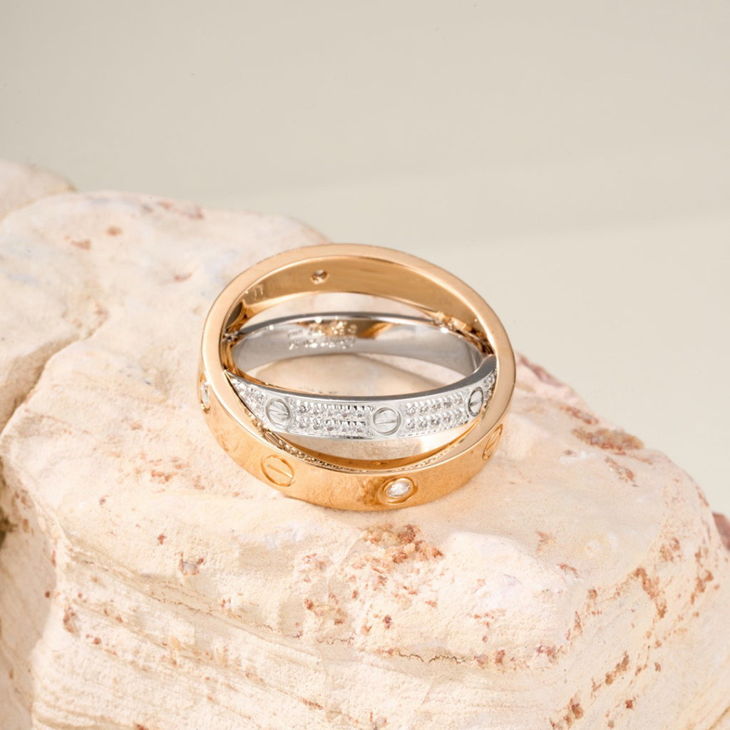 [⭐JeweliWhal]LOVE PINK GOLD SILVER DIAMOND DOUBLE RING