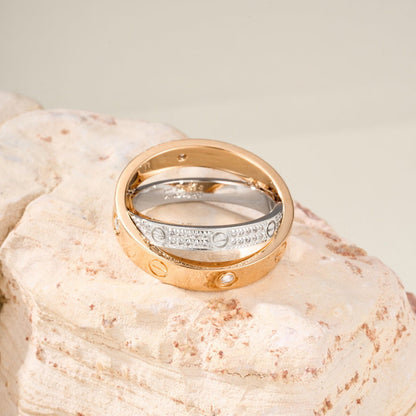[⭐JeweliWhal]LOVE PINK GOLD SILVER DIAMOND DOUBLE RING
