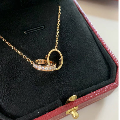 [⭐JeweliWhal]LOVE DOUBLE RING HALF DIAMOND NECKLACE