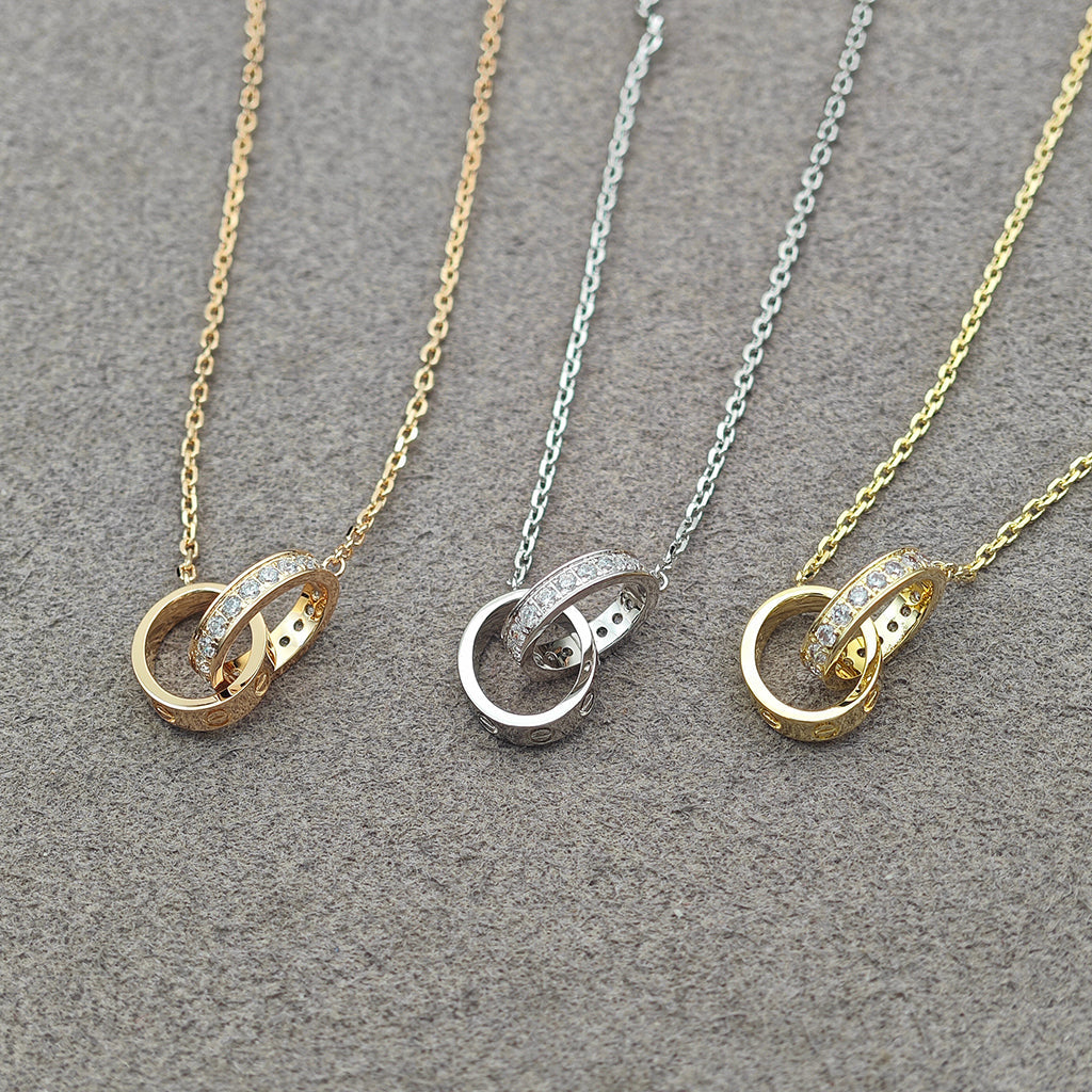 [⭐JeweliWhal]LOVE DOUBLE RING HALF DIAMOND NECKLACE