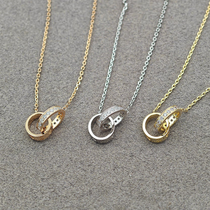 [⭐JeweliWhal]LOVE DOUBLE RING HALF DIAMOND NECKLACE