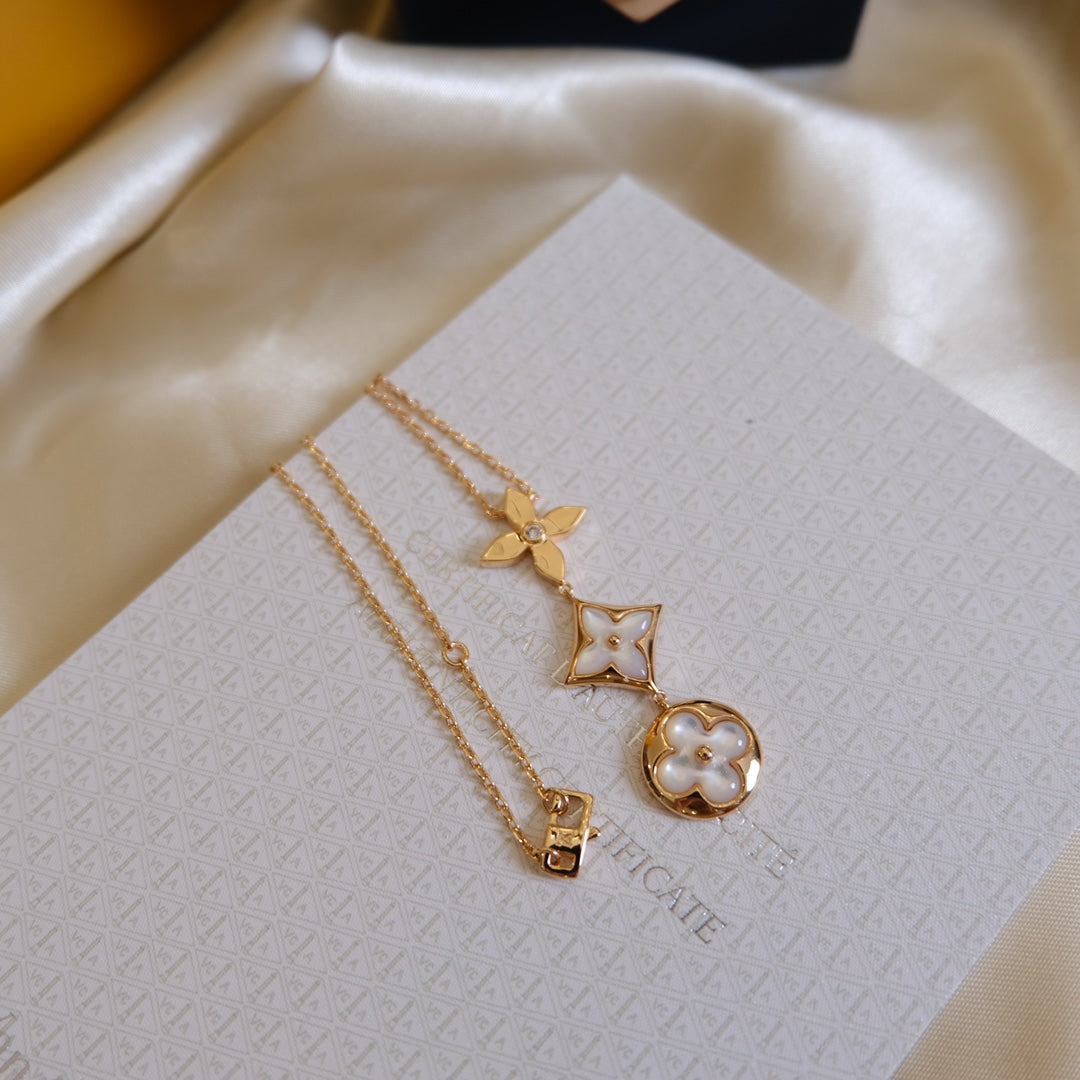 [⭐JeweliWhal]COLOR BLOSSOM LARIAT NECKLACE PINK GOLD WHITE MOTHER PEARL AND DIAMOND
