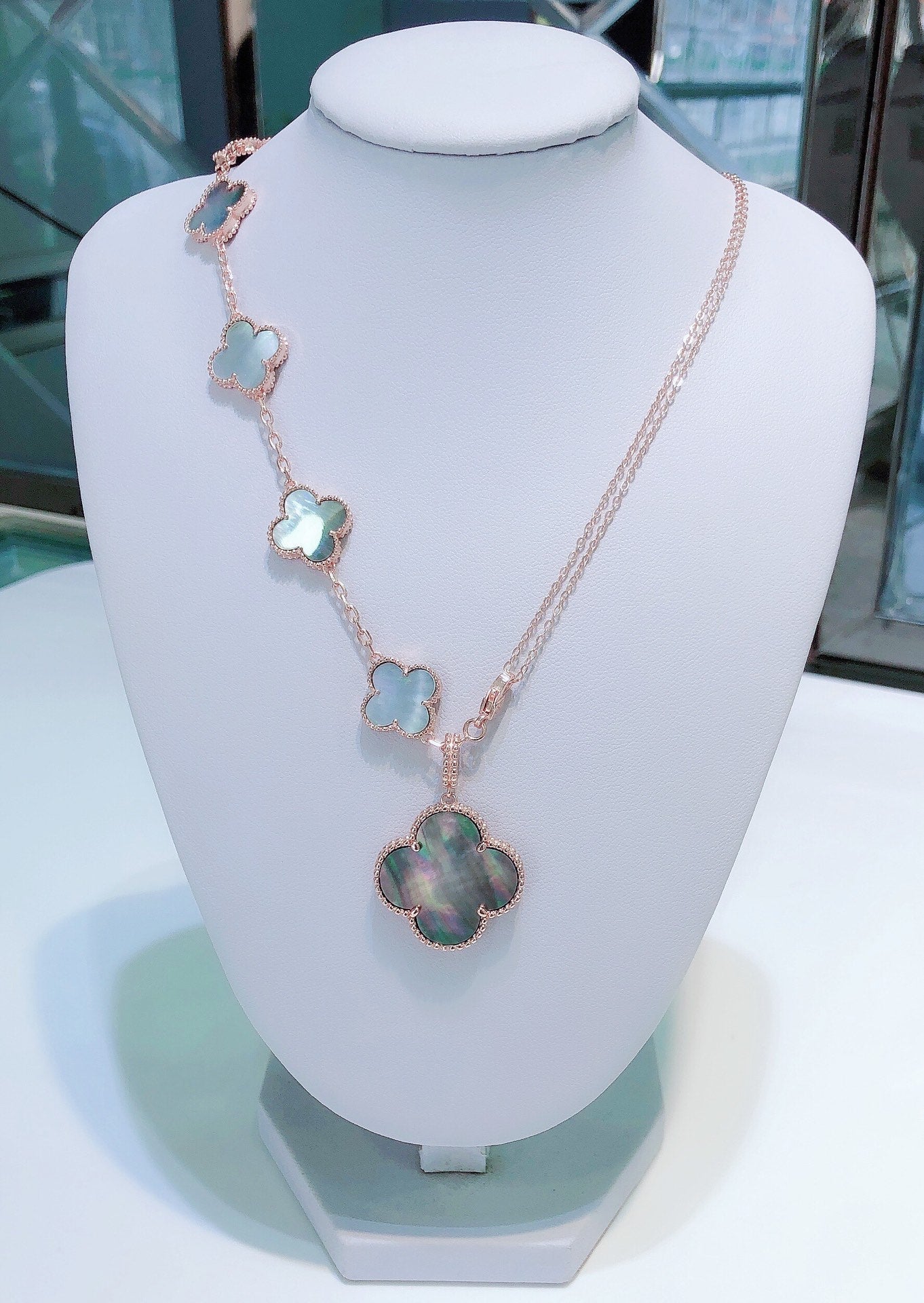 [⭐JeweliWhal]COMBINED BRACELET 5 MOTIFS AND NECKLACE DARK MOP ROSE GOLD